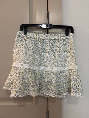 LoveShackFancy Floral Smocked Tiered Mini Skirt - White with Blue & Green
